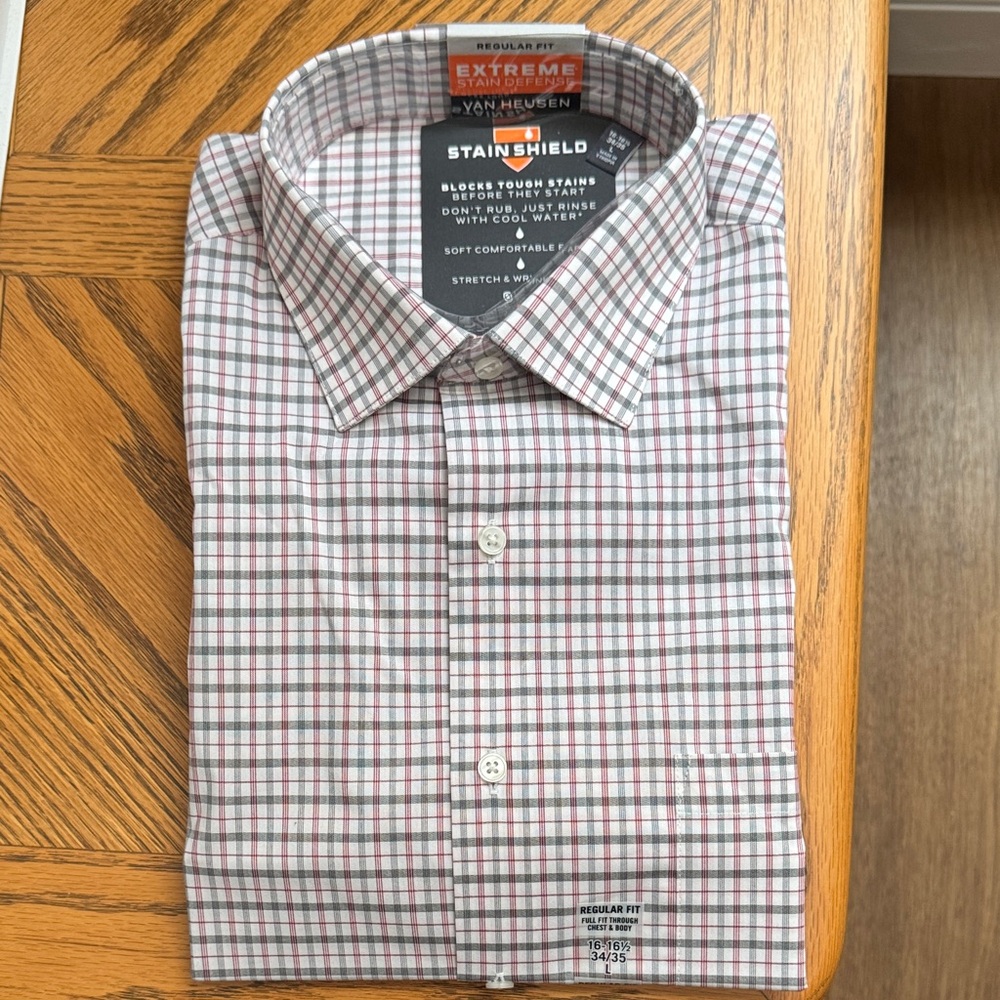 Van Heusen Men’s Check Dress Shirt in White, Red & Gray